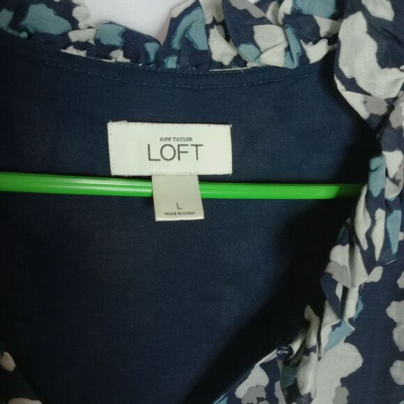 ⭐ Loft Abstract V-neck Sleeveless Silk Blend Blouse Ruffle Lightweight Lined Lge - Picture 6 of 7